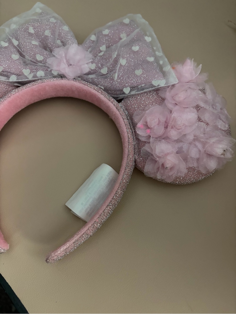 Disney Parks Pink Sparkle Minnie Mouse Ears Headband with Floral & Hearts Bow - Picture 5 of 12